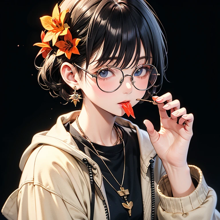 (masterpiece:1.2), Highest quality,The middle of a journey, alone, Colored glasses, jewelry, hair ornaments, View your viewers, Black background, One girl, short hair, blue eyes, Earrings, Simple Background, flower, Upper Body, hair flower, orange-Colored glasses, sunglasses, necklace, Jacket, Mouth closed, flower柄プリント, bangs, Black Hair, compensate, Round Glasses, Earrings