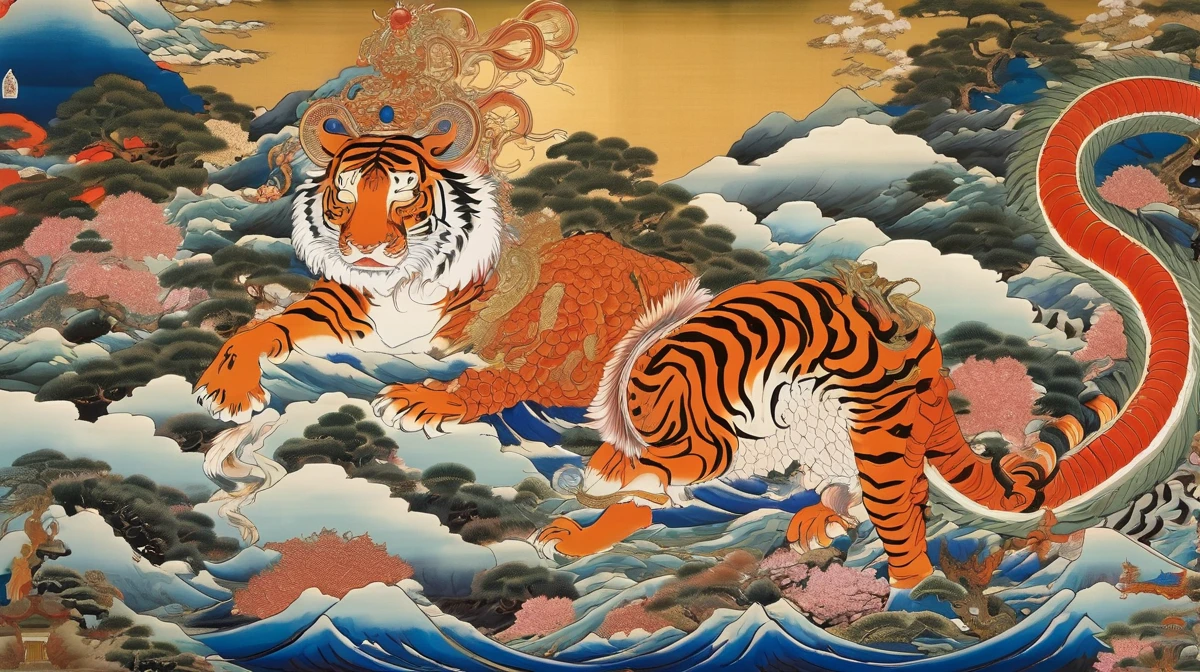 Divine images of Buddhas, gods (Amaterasu Omikami, Amida Nyorai), and divine beasts (dragon gods, tigers, vermilion birds, phoenixes, white snakes, etc.) (masterpiece, highest quality, 8K)