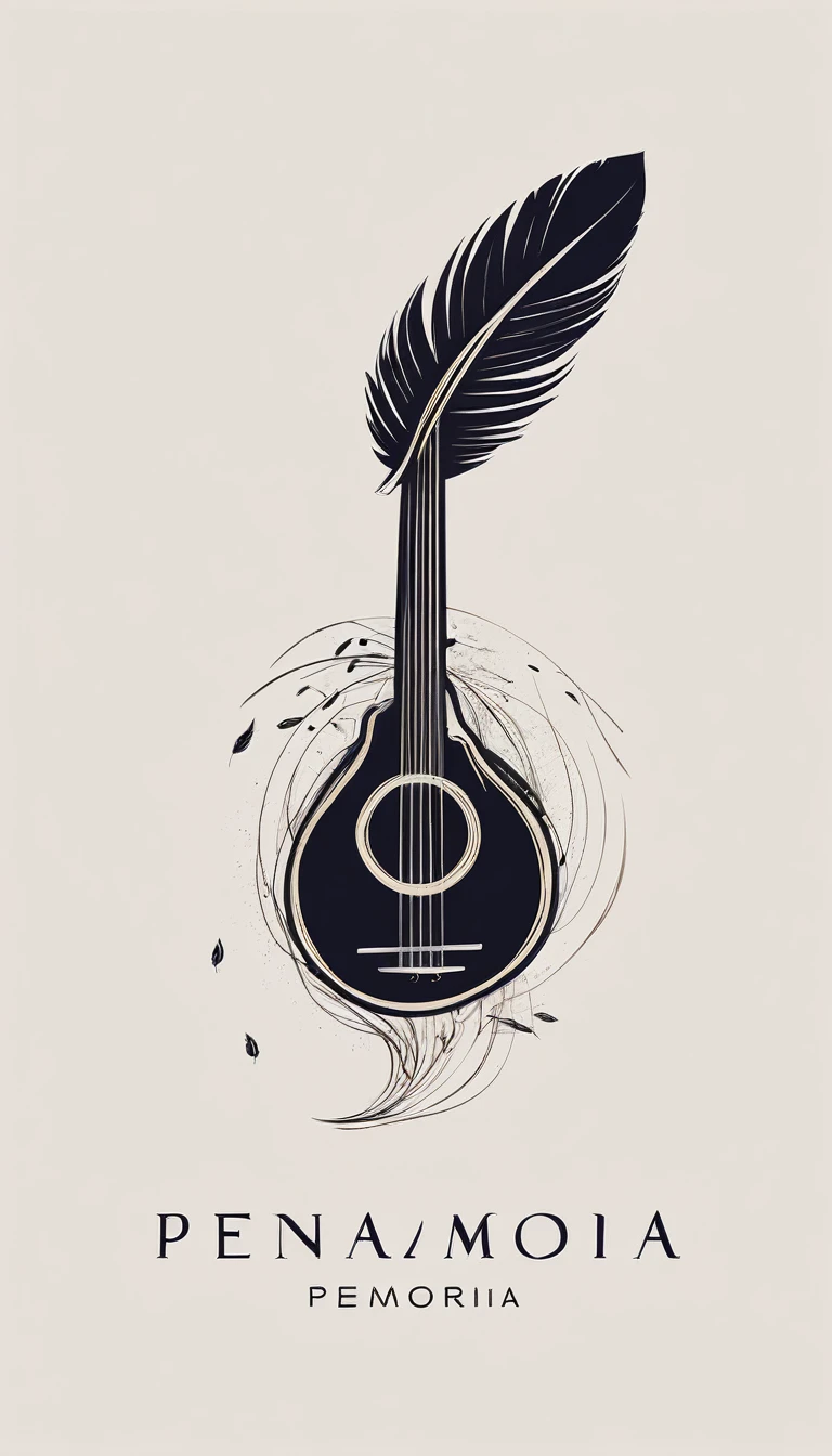 A minimal, modern, simple, cinematic logotype for the brand “Penamemoria". The logotype must be a simple, magical feather and a boy playing acoustic guitar. The logo must convey a sense of music, stories, memories and dreams. Logo design impressed on a book cover. Minimalistic logo