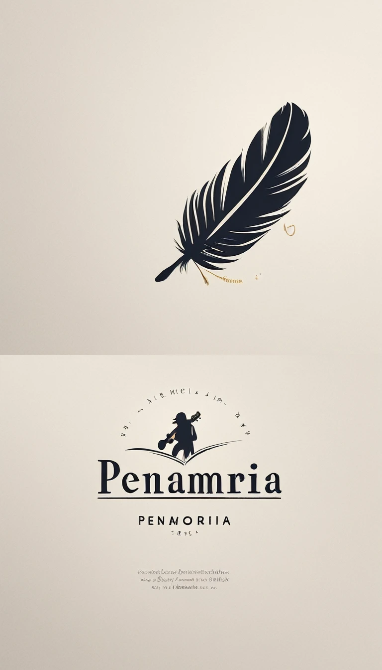 A minimal, modern, simple, cinematic logotype for the brand “Penamemoria". The logotype must be a simple, magical feather and a boy playing acoustic guitar. The logo must convey a sense of music, stories, memories and dreams. Logo design impressed on a book cover. Minimalistic logo
