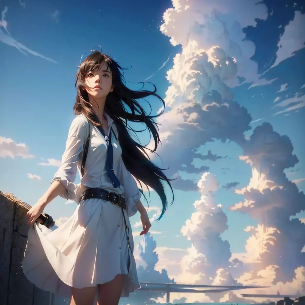 cute girl standing on a cliff with a sword in her hand, studio glibly makoto shinkai, makoto shinkai cyril rolando, ross tran. scenic background, makoto shinkai and artgerm, artgerm and atey ghailan, makoto shinkai and tom bagshaw, ( ( makoto shinkai ) ), beautiful cute girl realistic 4k 