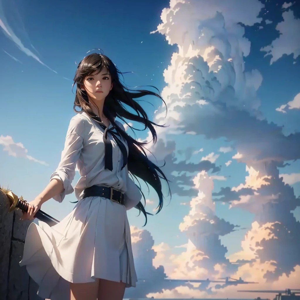 cute girl standing on a cliff with a sword in her hand, studio glibly makoto shinkai, makoto shinkai cyril rolando, ross tran. scenic background, makoto shinkai and artgerm, artgerm and atey ghailan, makoto shinkai and tom bagshaw, ( ( makoto shinkai ) ), beautiful cute girl realistic 4k 