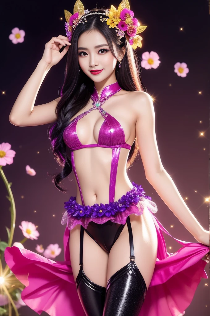 sexy Thai model who controls poison、beautiful smile、lipgloss、bold lipstick、intense makeup、look at the camera、full body Esbian、、sparkling poisoned flower costume、、、、sparkling Colorful hair、secrete poison、skull hair accessories、sexy tights、shiny sparkling flowers background