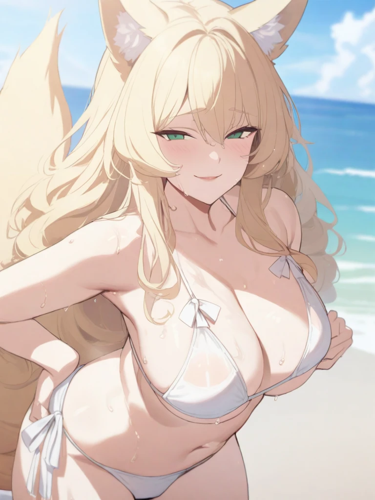 masterpiece, best quality, high quality, beautiful anime character, solo, anime girl with blonde hair, messy hair, long hair, green eyes, fox ears, big breasts, mature female, tall female, big girl, thick, (naughty face, light smile, loving eyes), outdoors, (white bikini, side-tie bikini bottom), huge fox tail, thick, beach background, standing, pubic hair under bikini, messy pubic hair, see-through, wet,