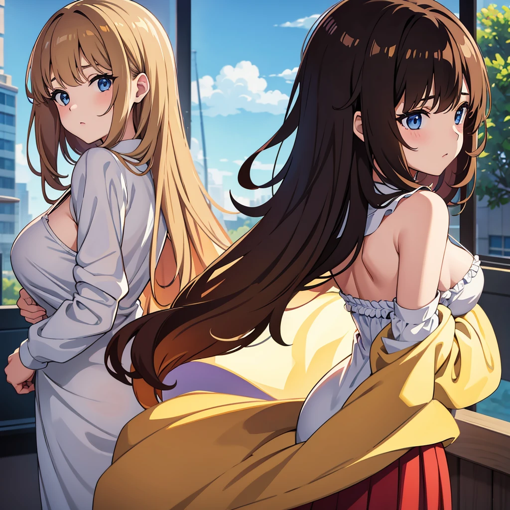 8k, masterpiece, best quality, 1 girl, college age, medium breasts , bangs, soft wavy hair , looking down, look back