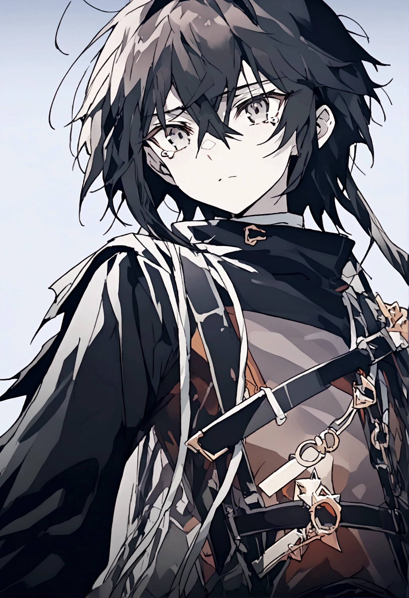 Anime male, black and white, black hair, completely black eyes, Liminal, black tears, white turtle neck baggy shirt, black pants with waist chains, grey skin