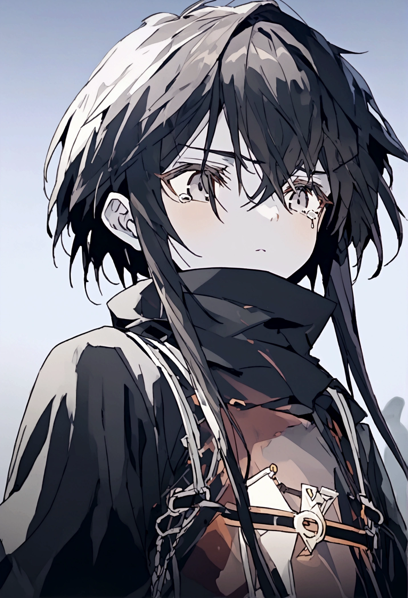 Drawing style of a little age girl of 14 yh short black hair and a little messy with a small shadow on her face showing how gloomy she is with black eyes wearing black clothes with brown leather suspenders with black fur on her shoulders. His clothes also have several straps on his clothes and his pants are short brown while he has a sword in his sheath with a strap on his waist., with empty eyes without feelings looking at nothing