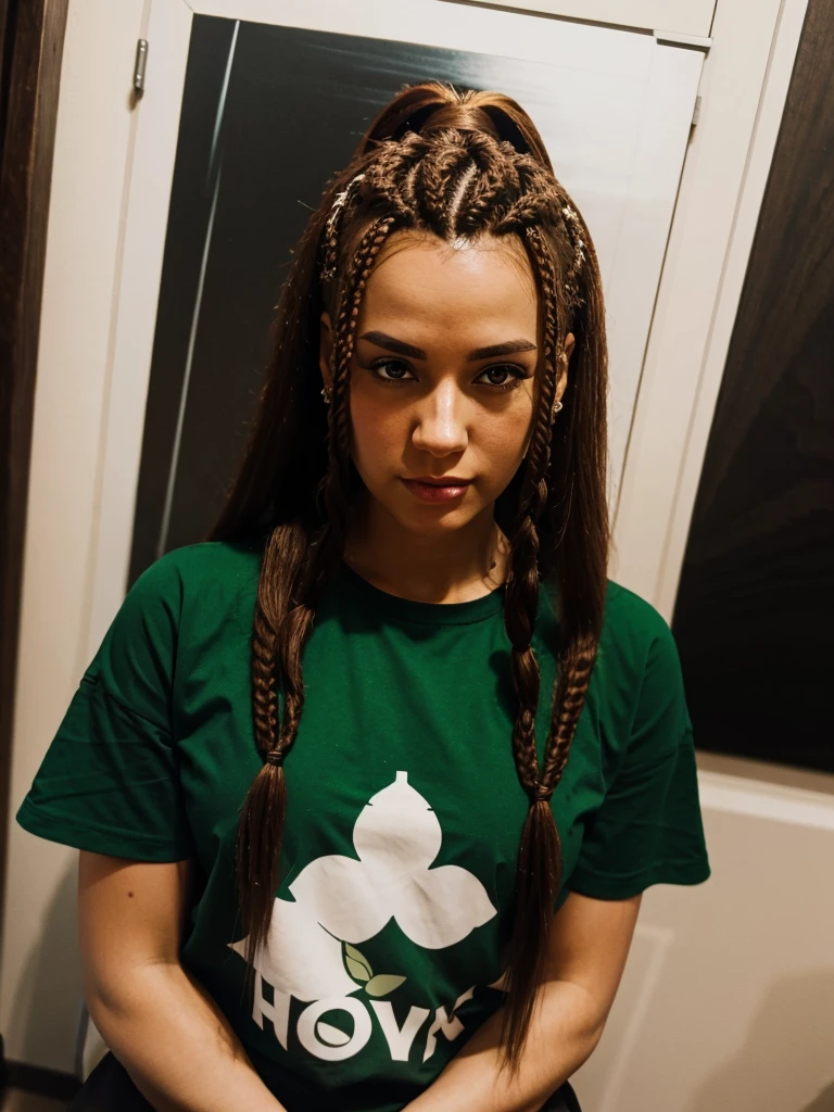 Top view. close up portrait of a Beautiful Nigerian black ebony woman with red braids, green T-shirt. Very dark skin. hair with braids