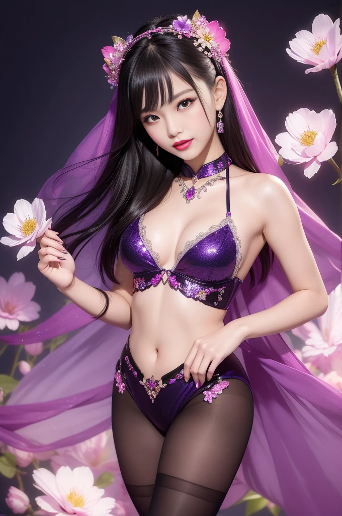 sexy Thai model who controls poison、beautiful smile、lipgloss、bold lipstick、intense makeup、look at the camera、full body Esbian、、sparkling poisoned flower costume、、、、sparkling Colorful hair、secrete poison、skull hair accessories、sexy tights、shiny sparkling flowers background