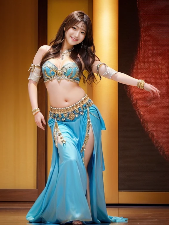 Photo-realistic quality、ステージ上で透け感のあるドレスを着てBelly danceを踊る日本人アイドル, Belly dance, She is dressed as a belly dancer, gracefully Belly dance pose, Full Body Shot, Beautiful slim Japanese model、Narrow waist、Detailed and beautiful eyes、Cute smile、A soft and gentle look、looking at the camera