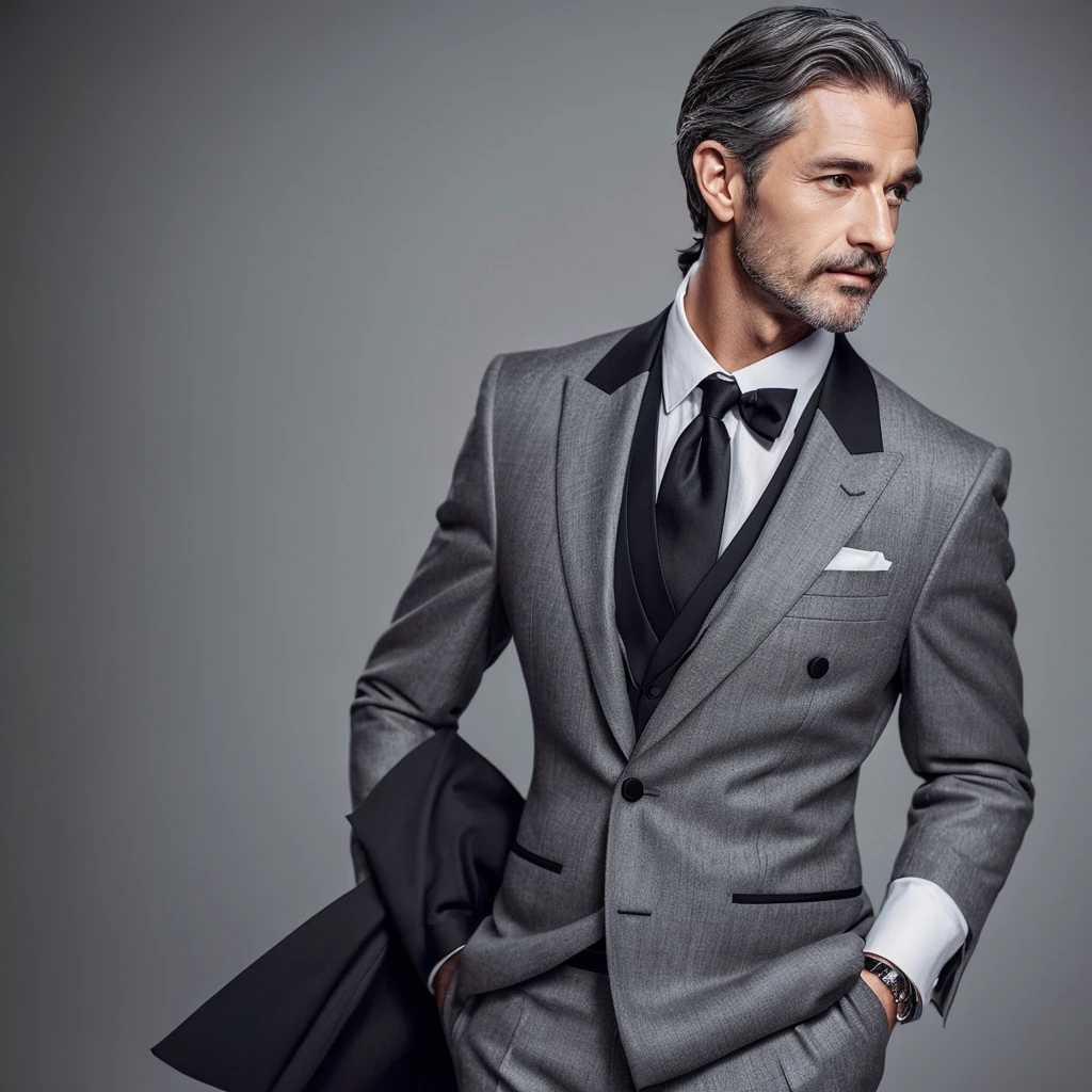 A smart, grey-haired man wearing an elegant, black tuxedo suit　, Body　front　Late 30s～Early 40s Highest quality
