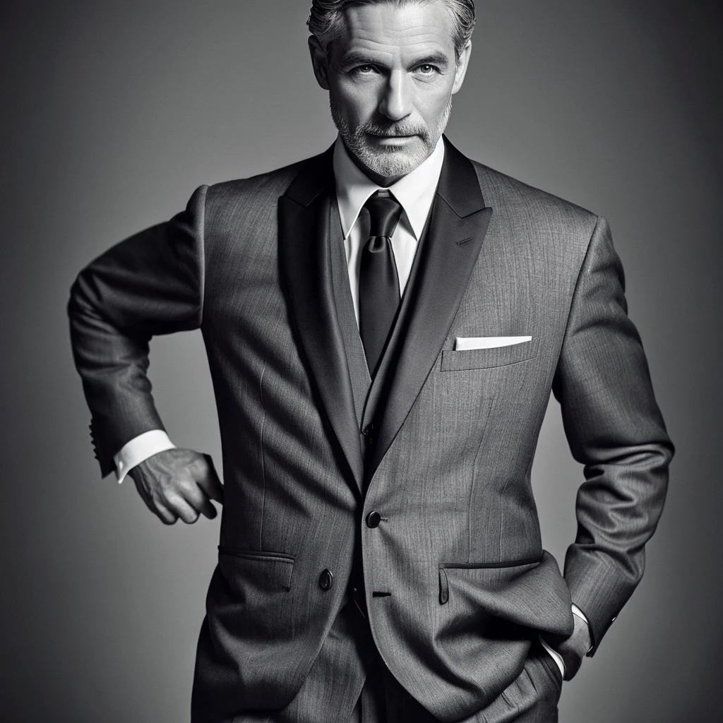 A smart, grey-haired man wearing an elegant, black tuxedo suit , Body front Late 30s~Early 40s Highest quality