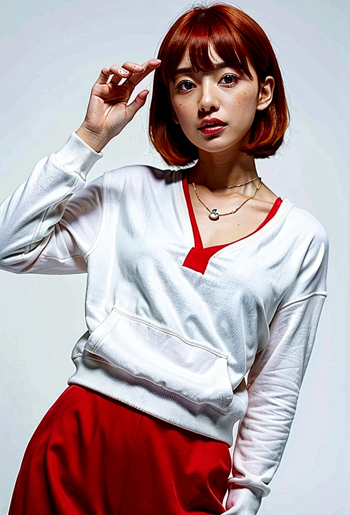 (Highest quality, 8K, 32k, masterpiece, Ultra-high resolution:1.2),Beautiful Japanese Women Photos, Rainbow clothes、Rainbow hoodie、Large Breasts, Very short bob hair,Red hair, necklace, Simple Background, From above, View your viewers,Red Hair、White background、peace sign、Pause.Colorful clothes、White background