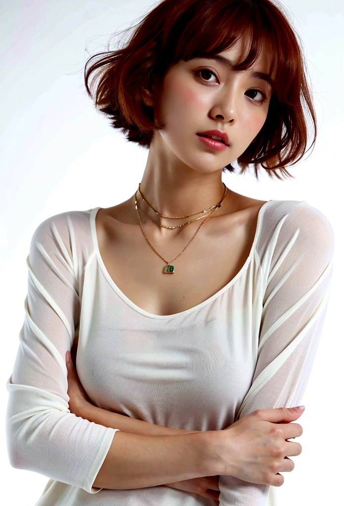 (Highest quality, 8K, 32k, masterpiece, Ultra-high resolution:1.2),Beautiful Japanese Women Photos, Rainbow clothes、Rainbow hoodie、Large Breasts, Very short bob hair,Red hair, necklace, Simple Background, From above, View your viewers,Red Hair、White background、peace sign、Pause.Colorful clothes、White background