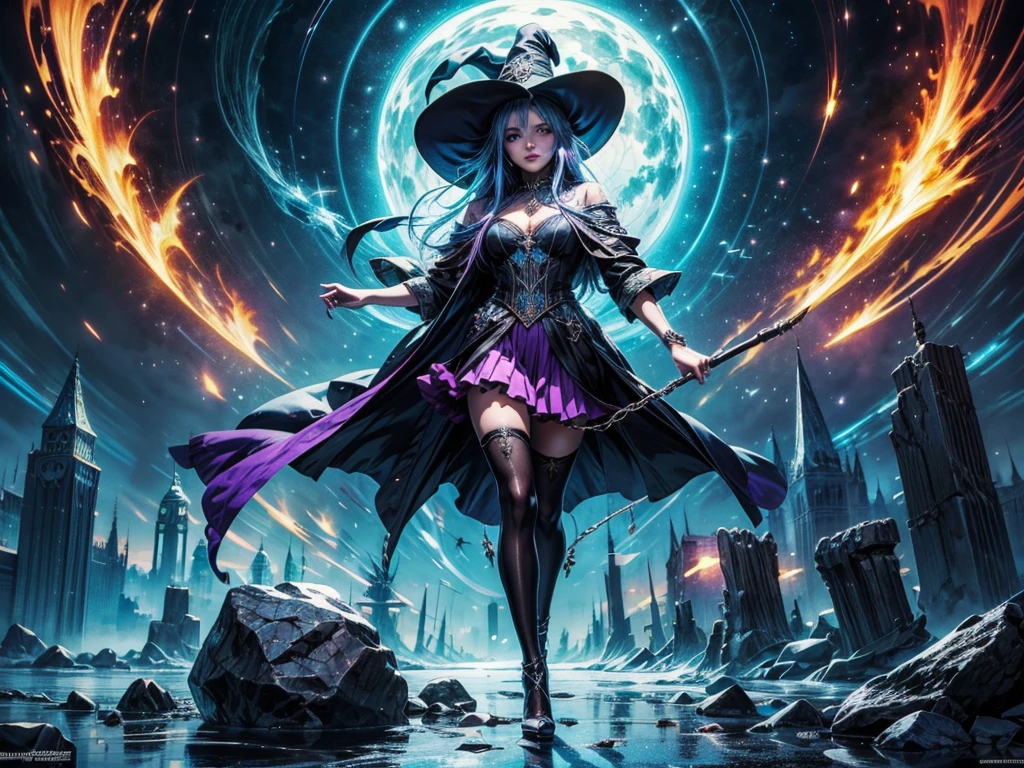 In the middle of so the storm on the stone field stand beatiful witch, she have a beautiful face with blue eyes shining purple lipstick and purple eye shadows, she have long blue hair with purple highlights, she dressed in black long coat short skirt high heels shoes and witch hat on her head , there is lighnings all around her, (ultra high quality fantasy art, anime fantasy style, masterpiece, ultra high quality character design, 8k quality anime art, realistic anime art, top quality wallpaper illustration, detailed ultra high quality accurate face, high quality design and accurate physic)