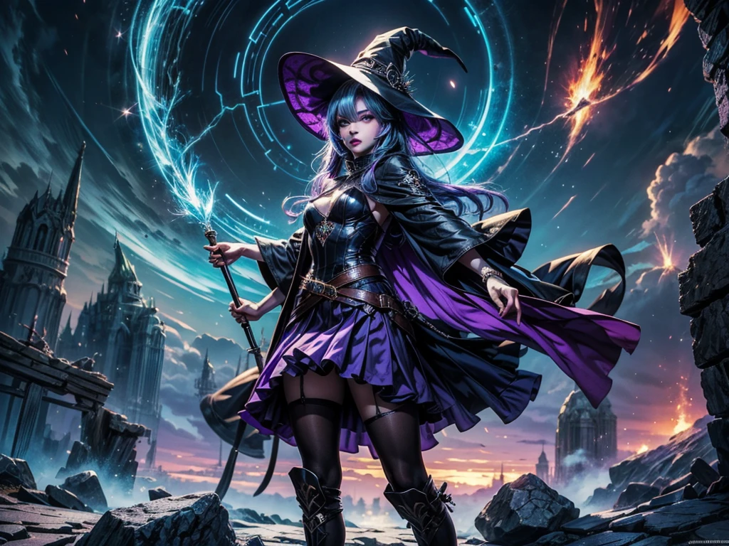 In the middle of so the storm on the stone field stand beatiful witch, she have a beautiful face with blue eyes shining purple lipstick and purple eye shadows, she have long blue hair with purple highlights, she dressed in black long coat short skirt high heels shoes and witch hat on her head , there is lighnings all around her, (ultra high quality fantasy art, anime fantasy style, masterpiece, ultra high quality character design, 8k quality anime art, realistic anime art, top quality wallpaper illustration, detailed ultra high quality accurate face, high quality design and accurate physic)
