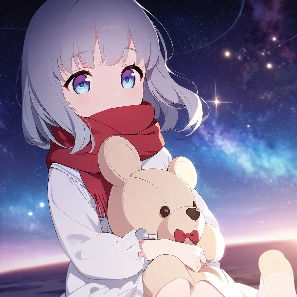 (((masterpiece))), (((best quality))),(((high detail))),light manipulation, girl with long silver hair, gradient purple to sky blue eyes, wearing a white dress, a red scarf, (((loli))), (((child))) , galaxy background, holding a teddy bear, feet, no footwear