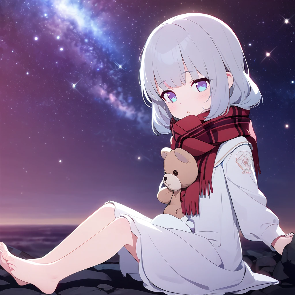 (((masterpiece))), (((best quality))),(((high detail))),light manipulation, girl with long silver hair, gradient purple to sky blue eyes, wearing a white dress, a red scarf, (((loli))), (((child))) , galaxy background, holding a teddy bear, feet, no footwear