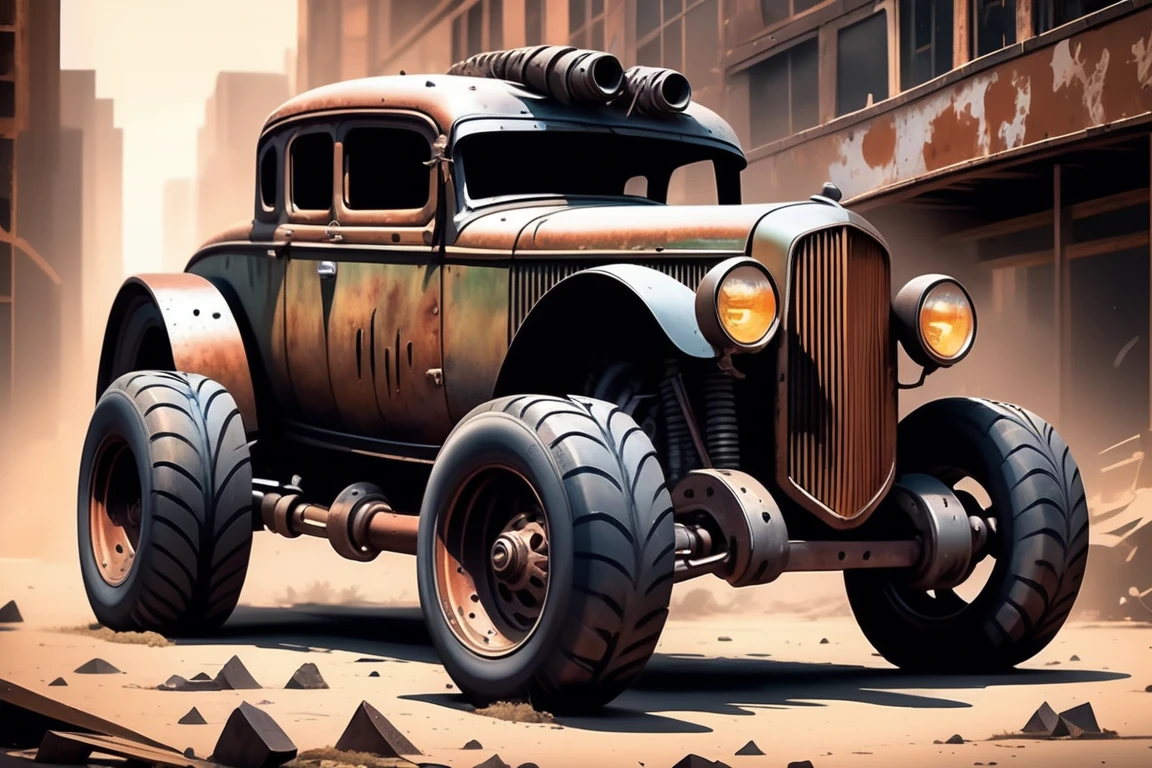(The American 1930s copped hotrod muscle car stands as a hulking emblem of defiance in the desolate dystopian world. Its rusted exterior is adorned with makeshift armor plates, showcasing a fearless improvisation against adversity. A towering supercharger protrudes menacingly from the hood, hinting at raw power amidst the chaos. Jagged metal spikes line the wheels, doubling as both defense and intimidation. Bathed in a grimy, post-apocalyptic patina, this car exudes an aura of relentless strength and survival against all odds)