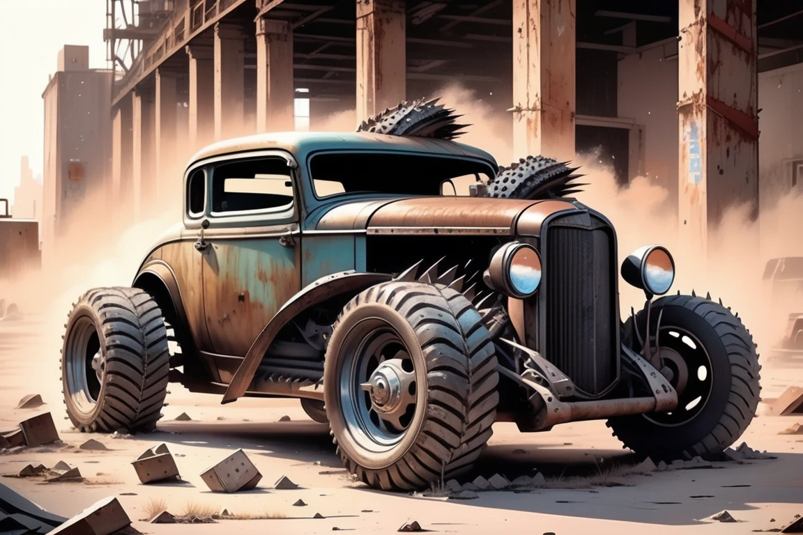 (The American 1930s copped hotrod muscle car stands as a hulking emblem of defiance in the desolate dystopian world. Its rusted exterior is adorned with makeshift armor plates, showcasing a fearless improvisation against adversity. A towering supercharger protrudes menacingly from the hood, hinting at raw power amidst the chaos. Jagged metal spikes line the wheels, doubling as both defense and intimidation. Bathed in a grimy, post-apocalyptic patina, this car exudes an aura of relentless strength and survival against all odds)