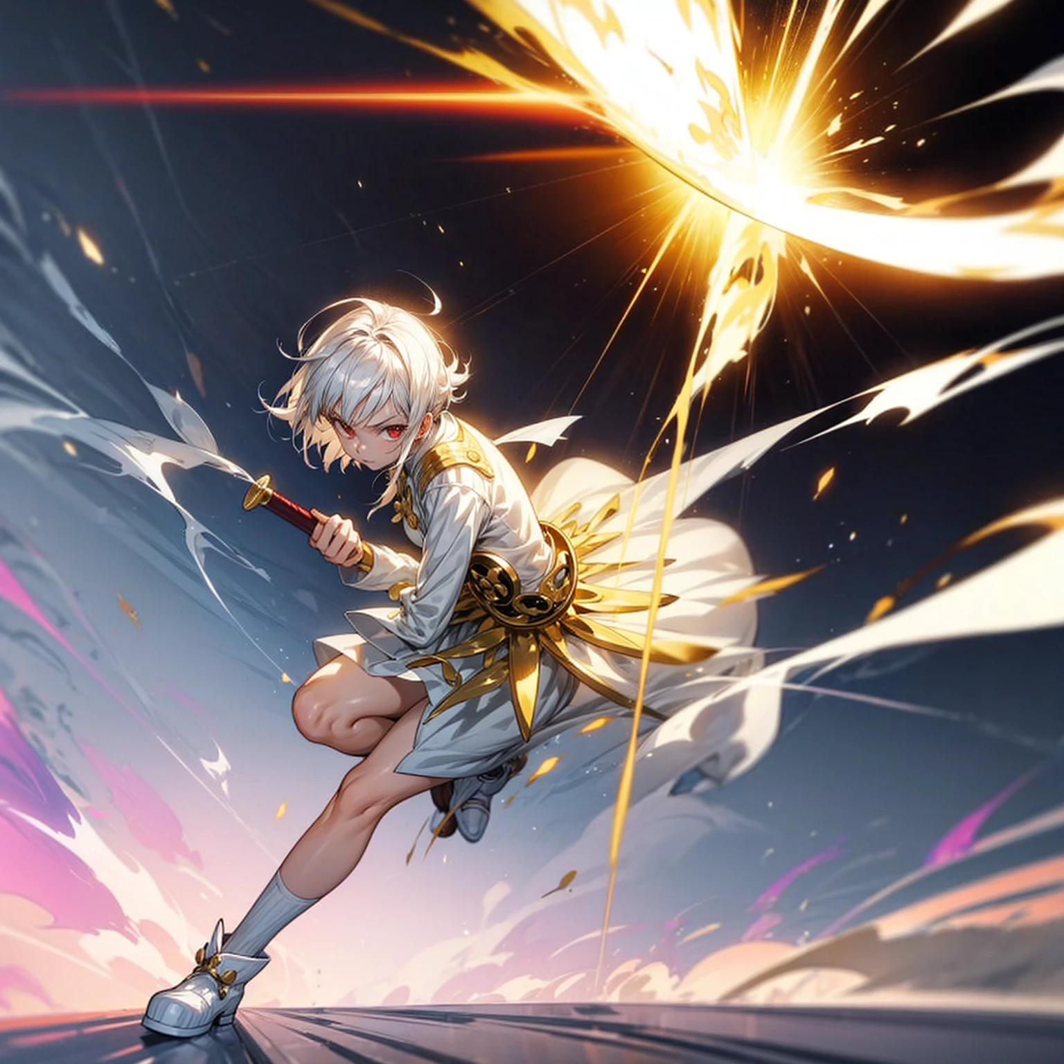 1girl, Full body version, 1character, light red eyes color, white skin, short hairstyle, white colour hair, templar knight silver style clothing, Long skirt, long socks, long boots, gold knife in hand, gold Shield in hand, full background, Grassroots background in village, motion blur, shadow, battle gesture, smoke effect, lighting effect, lighting knife, aura, plasma effect, (one piece style art)