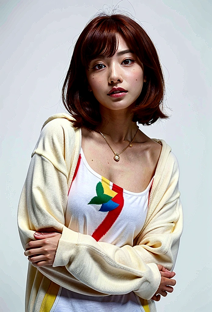 (Highest quality, 8K, 32k, masterpiece, Ultra-high resolution:1.2),Beautiful Japanese Women Photos, Rainbow clothes、Rainbow hoodie、Large Breasts, Very short bob hair,Red hair, necklace, Simple Background, From above, View your viewers,Red Hair、White background、peace sign、Pause.Colorful clothes、White background