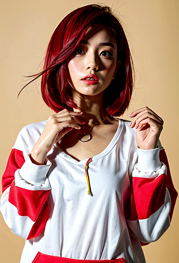 (Highest quality, 8K, 32k, masterpiece, Ultra-high resolution:1.2),Beautiful Japanese Women Photos, Rainbow clothes、Rainbow hoodie、Large Breasts, Very short bob hair,Red hair, necklace, Simple Background, From above, View your viewers,Red Hair、White background、peace sign、Pause.Colorful clothes、White background