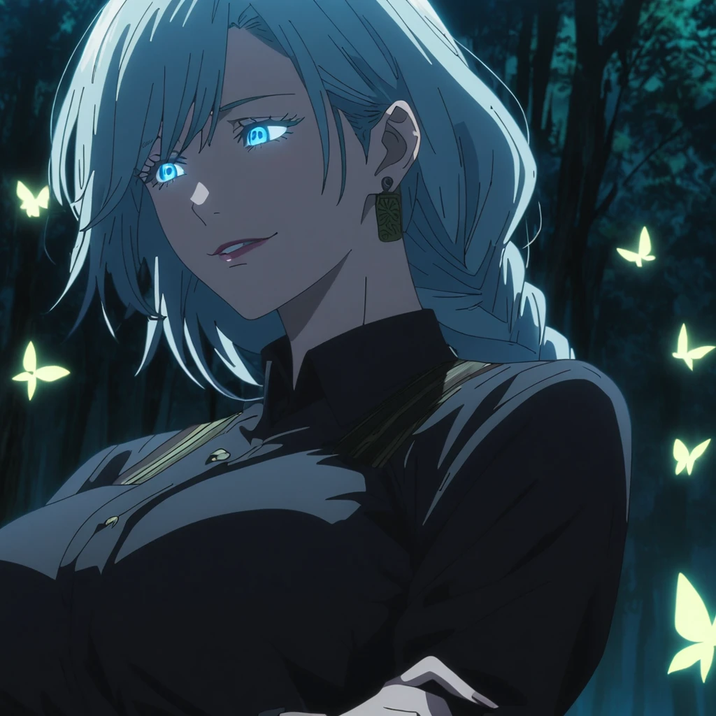 1girl, female gojo satoru, anime screencap from jujutsu kaisen, gojo satoru female version, solo, medium_hair, ((Blue universal eyes)) (( Silver_hair braid )), night view, (hanging breasts) upper_body, smile, forest background, glowing butter fly, book, Blue_eyes, lips, (swept bangs) ((wearing black colour outfit with button)) breast, "very detailed and high resolution" (Blue eyes) (cross arms) (( single braid )) ((solo)) (front view) (earings) ((high resolution)) ((good quality)) ((swept bangs))