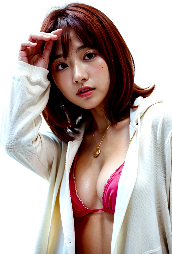 (Highest quality, 8K, 32k, masterpiece, Ultra-high resolution:1.2),Beautiful Japanese Women Photos, Rainbow clothes、Rainbow hoodie、Large Breasts, Very short bob hair,Red hair, necklace, Simple Background, From above, View your viewers,Red Hair、White background、peace sign、Pause.Colorful clothes、White background