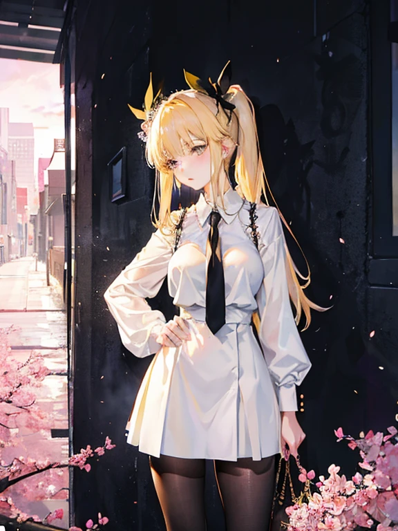 Young and beautiful Kathryn Newton, Gles, White dress shirt, The neckline is deep, Black Mini Dress, Dark pantyhose, Surreal, 14 years old, Model Diagram, Large Breasts, Beautiful breasts, Big Ass, Long hair, Ponytail, Blonde hair, Long legs, 8K, futuristic city, Cherry blossoms, sunrise, LED lighting, Anime style, (((cleveage)))，（（Leaning against the wall，Sideways posture））