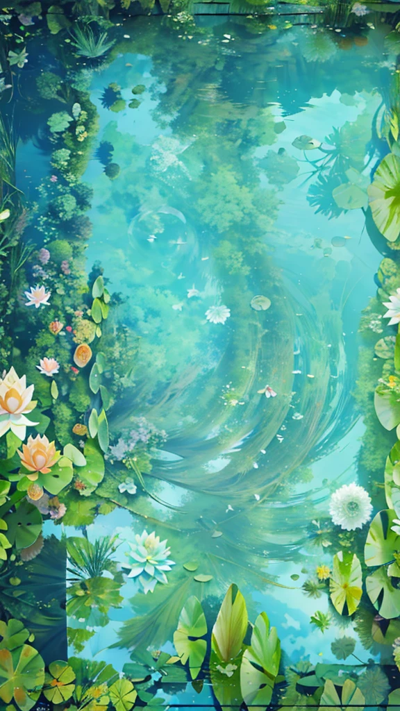 There is a picture of the pond, with lilies and carp. Lotus Pond, Ripple, Photoshop Water Art, Water Art Photoshop, Reflective Water Carp Pond, Koi Pond, Koike, Pond, Underwater Floating Pond in the Lake, Lotus Flowers on the Water, Alpine Pond with Water Lilies, Author: Julian, Water Landscape, Wallpaper - 0 2 4