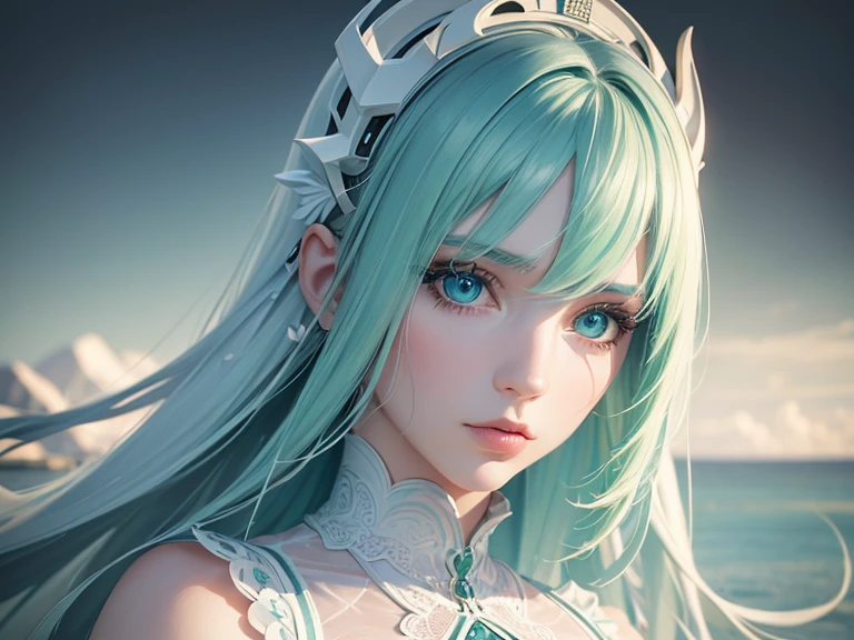 8K, Super detailed, High resolution，Highest quality, masterpiece, 超High resolution, (Realistic:1.4), Green Hair，Aqua blue eyes,Multi-coloured hair, Detailed Hair,
Surrealism, (Beautiful Face),  (Real white skin texture:1.3)，Cyber Outfit,　Black and white outfit,　