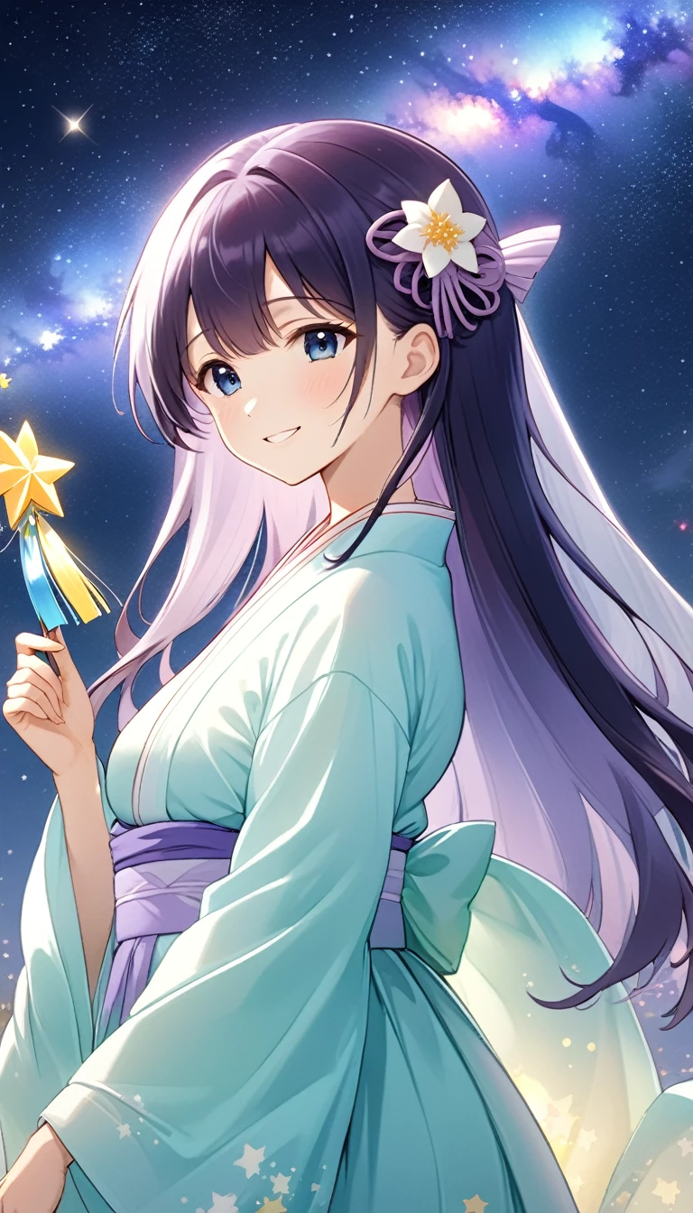 Masterpiece, Orihime (Hanfu,medium breasts,cutesmile,cuteHanfu,extreme beauty, cute),Hikoboshi(Hanfu,handsome, cool), Tanabata, background Milky Way, star-filled sky. shining stars, twinkling stars, summer triangle (Orihime star, Hikoboshi, star Choboshi) Bright stars, beautiful stars, starry sky, spectacular scenery} Orihime andHikoboshi face eachother and are happyto be reunited.Orihime and Hikoboshi are in the Milky Way