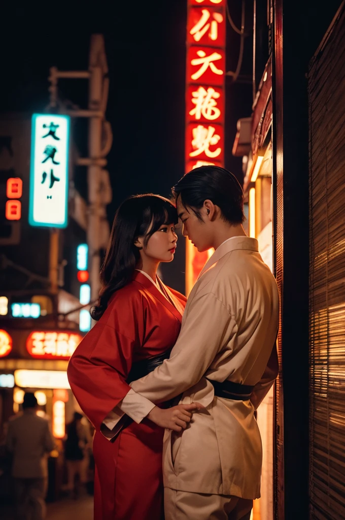 A vintage poster of a Showa-era Japanese Roman Porno film, a man and woman in a close, intimate pose, red neon lights illuminating a city street in the background. Lighting enhances the erotic tension. Created Using: retro aesthetics, dramatic shadows, vivid color contrasts, nostalgic mood --ar 5:7 --v 6.0 --no kimono