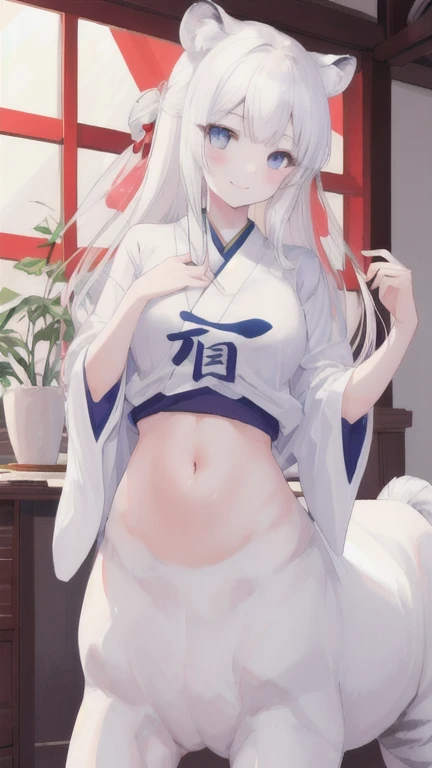 (best quality, masterpiece), 1 girl, centaur, It takes, White skin, japanese girl,((15 year old girl)), Smiling, exposing the abdomen,belly button t-shirt, 아름다운 소녀 perfect white tiger photo, perfect white tiger photo