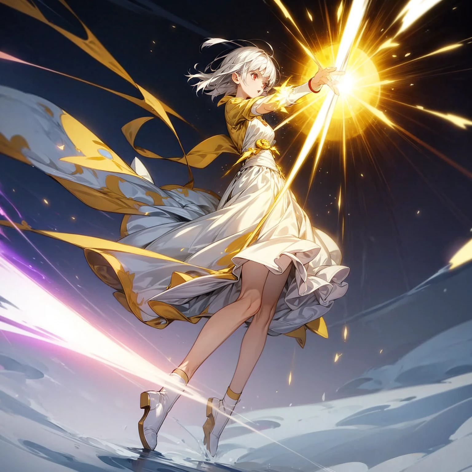 1girl, Full body version, 1character, light red eyes color, white skin, short hairstyle, white colour hair, templar knight silver style clothing, Long skirt, long socks, long boots, (gold knife in hand), gold Shield in hand, full background, Grassroots background in village, motion blur, shadow, battle gesture, smoke effect, lighting effect, lighting knife, aura, plasma effect, (one piece style art)