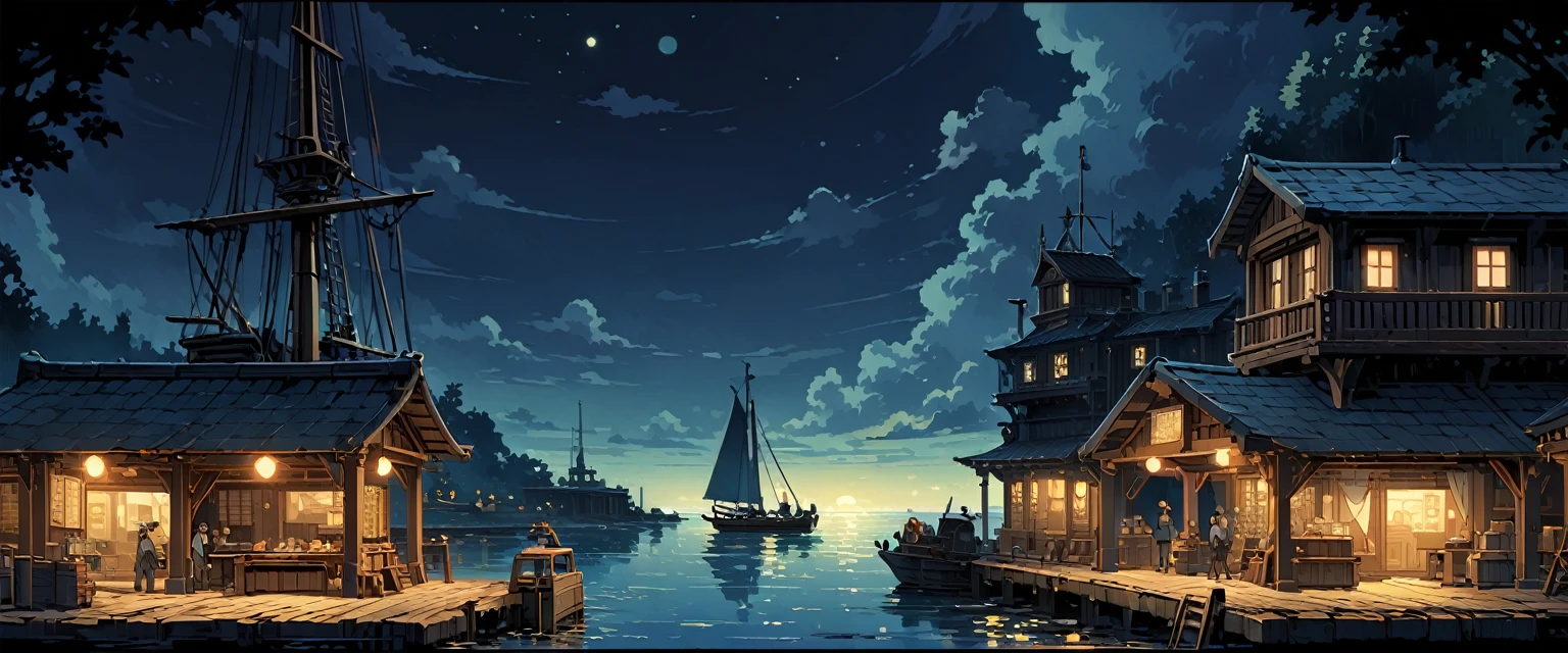 port(中世纪的欧洲port)，There are three small wooden boats and a large sailboat on the water.，They are moored at the pier，Workers are busy moving goods，Night view。Mid-ground composition，Panorama pictures，Scene screen，Game concept art style，Anime illustration style，HD，4K。