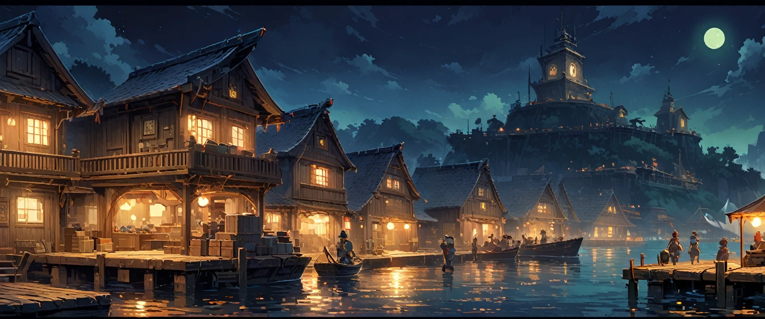 port(中世纪的欧洲port),There are three small wooden boats and a large sailboat on the water.,They are moored at the pier,Workers are busy moving goods,Night view。Mid-ground composition,Panorama pictures,Scene screen,Game concept art style,Anime illustration style,HD,4K。