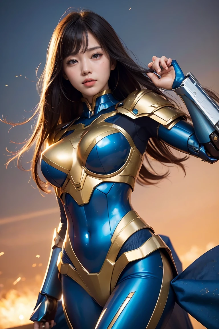 Textured skin, Super detailed, Attention to detail, high quality, 最high quality, High resolution, 1080P, , beautiful,(Super Heroine),Missile Guide,beautifulサイボーグ女性,Mecha Cyborg Girl,Battle Mode,A girl with a metallic blue and gold mecha body,She&#39;s a combat cyborg with weapons、Wearing combat mech,Full Body Shot、Diffuse reflection of laser light