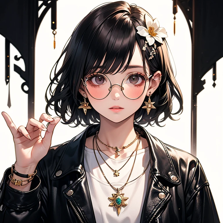 (masterpiece:1.2), Highest quality,The middle of a journey, alone, Colored glasses, jewelry, hair ornaments, View your viewers,One girl, short hair,Earrings, flower, whole body, hair flower, Colored glasses, sunglasses, necklace, Jacket, bangs, Black Hair, Round Glasses, Earrings