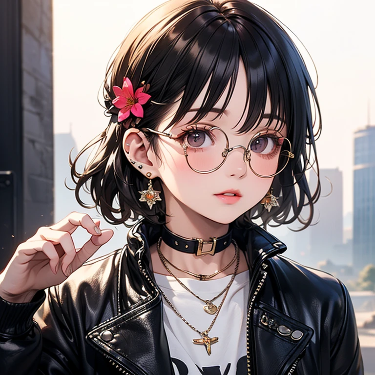 (masterpiece:1.2), Highest quality,The middle of a journey, alone, Colored glasses, jewelry, hair ornaments, View your viewers,One girl, short hair,Earrings,  flower, whole body, hair flower, Colored glasses, sunglasses, necklace, Jacket,  bangs, Black Hair, Round Glasses, Earrings