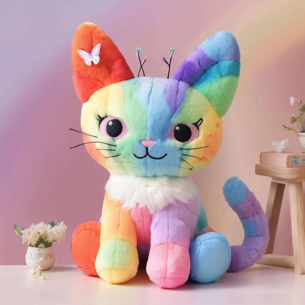 Stuffed toy cat。Butterfly and cat fusion。Rainbow colors。bright。