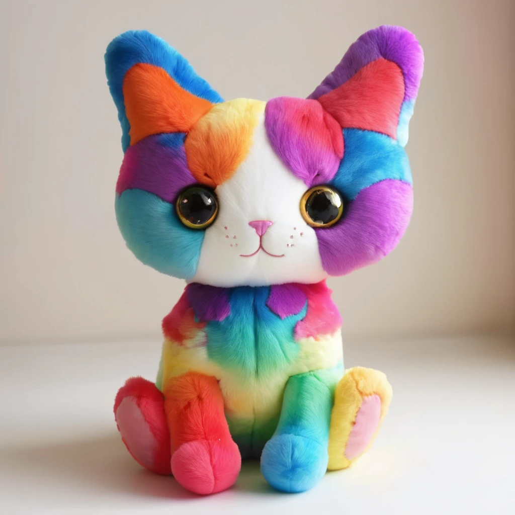 Stuffed toy cat。Butterfly and cat fusion。Rainbow colors。bright。