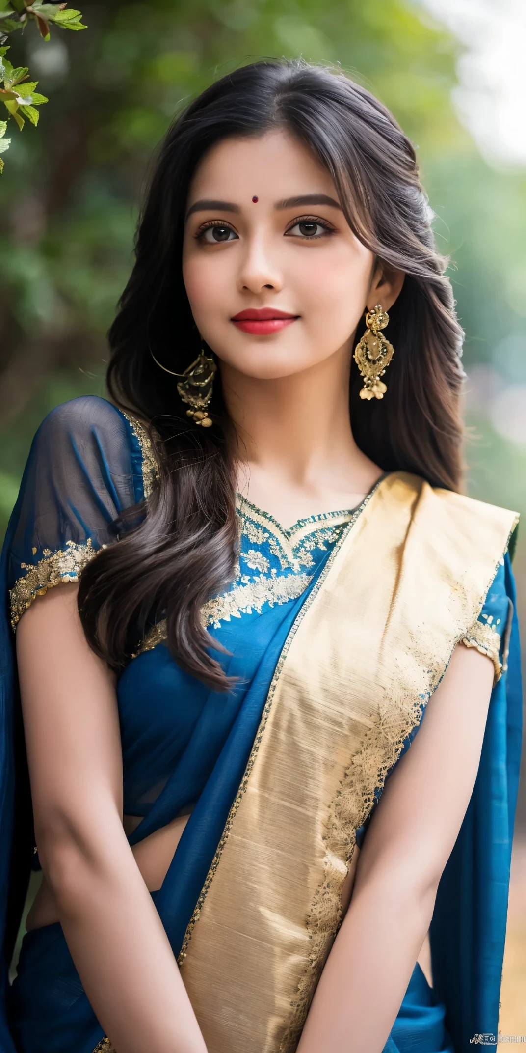 8K, ultra high detailed, an indian girl, cute face, happy, long hair, impressive hairstyle, detailed eyes, detailed lips, indian clothes, saree, dark blue saree, lace, wearing jewellery, nature background, flowers, afternoon, shadow, clear weather, whole body capture,
