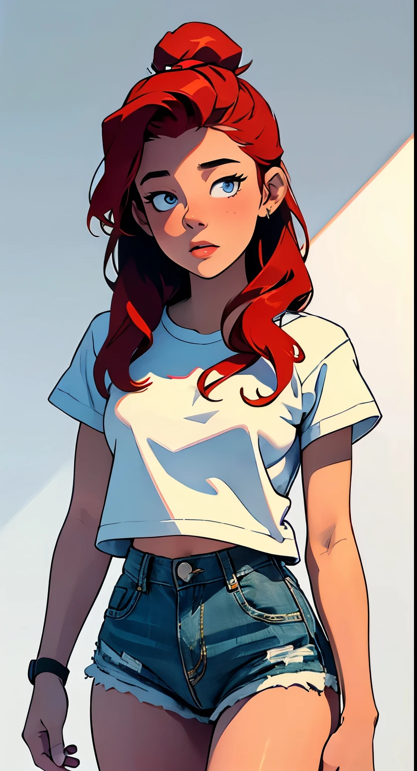 Fmasterpiece, best quality, full body,1girl,the highest image quality, 21-year-old woman, looks like Olivia Dunne, bright red hair, blue eyes, wearing a white graphic tee and denim shorts, large breasts, White background, empty background whole body , neutral pose, surprised, shocked face