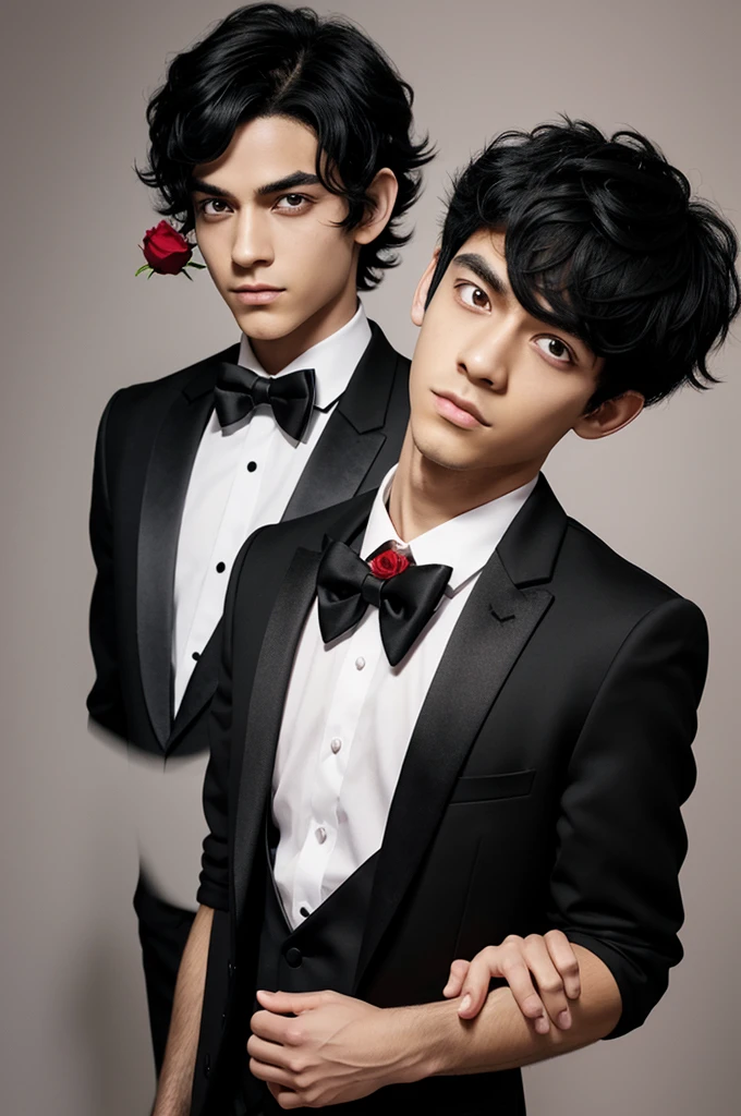 An anime boy with light skin and medium length black hair, seen wearing a black tuxedo with a red bow tie, a white t-shirt and a rose attached to the left. the alternate appears as a tall version of his human counterpart with a black sclera, a shadow that covers half of his face and small, bright white pupils