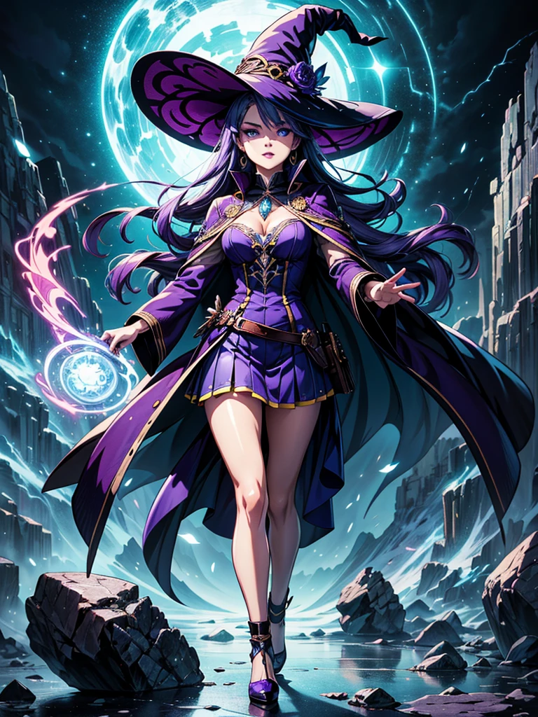 In the middle of so the storm on the stone field stand beatiful witch, she have a beautiful face with blue eyes shining purple lipstick and purple eye shadows, she have long blue hair with purple highlights, she dressed in black long coat short skirt high heels shoes and witch hat on her head , there is lighnings all around her, (ultra high quality fantasy art, anime fantasy style, masterpiece, ultra high quality character design, 8k quality anime art, realistic anime art, top quality wallpaper illustration, detailed ultra high quality accurate face, high quality design and accurate physic)