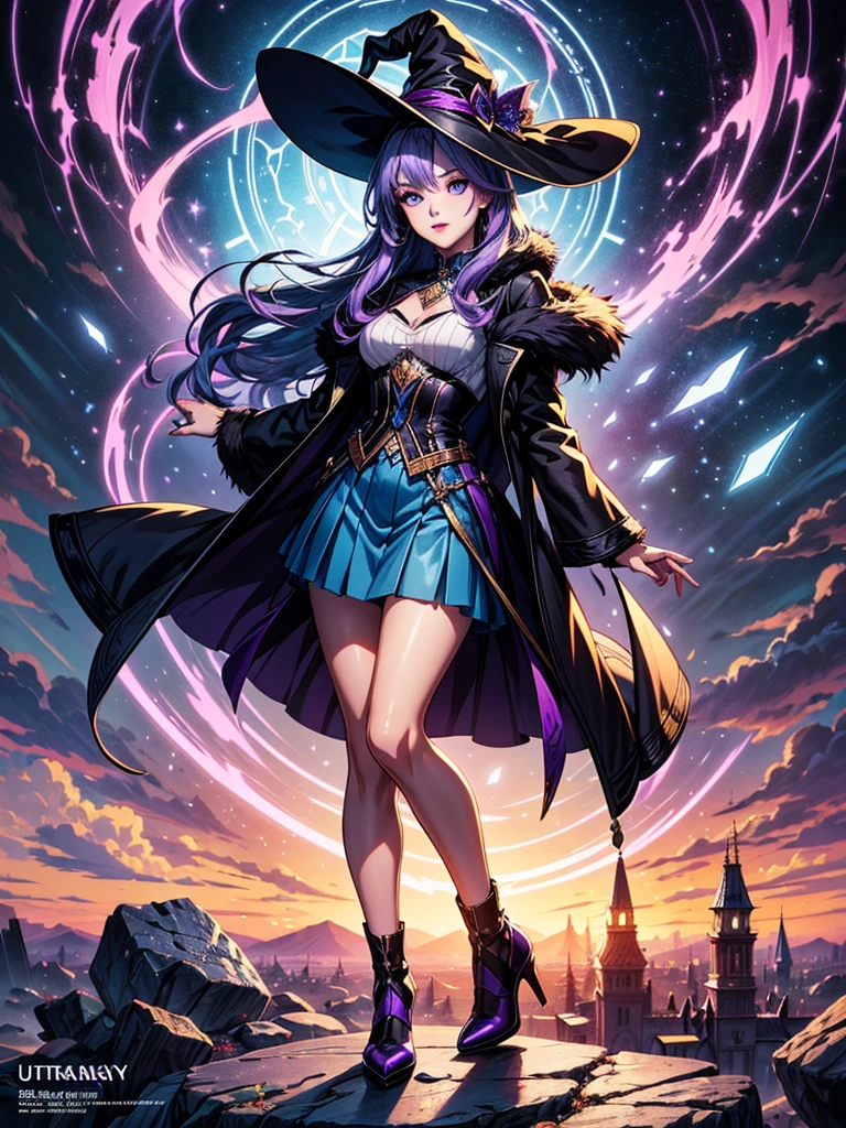 In the middle of so the storm on the stone field stand beatiful witch, she have a beautiful face with blue eyes shining purple lipstick and purple eye shadows, she have long blue hair with purple highlights, she dressed in black long coat short skirt high heels shoes and witch hat on her head , there is lighnings all around her, (ultra high quality fantasy art, anime fantasy style, masterpiece, ultra high quality character design, 8k quality anime art, realistic anime art, top quality wallpaper illustration, detailed ultra high quality accurate face, high quality design and accurate physic)