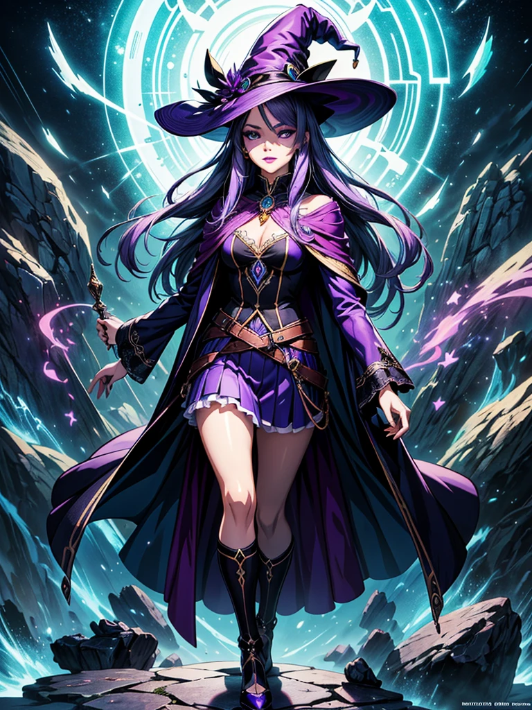 In the middle of so the storm on the stone field stand beatiful witch, she have a beautiful face with blue eyes shining purple lipstick and purple eye shadows, she have long blue hair with purple highlights, she dressed in black long coat short skirt high heels shoes and witch hat on her head , there is lighnings all around her, (ultra high quality fantasy art, anime fantasy style, masterpiece, ultra high quality character design, 8k quality anime art, realistic anime art, top quality wallpaper illustration, detailed ultra high quality accurate face, high quality design and accurate physic)