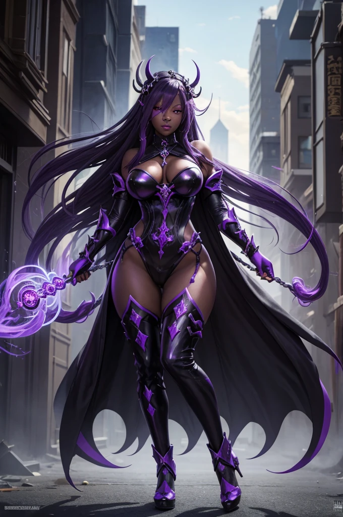 Genshin Impact Character: Black Goddess of Darkness and Death with Purple Eyes. Huge tentacles instead of hair are attacking the city. Full body image in fantasy background style. Fantasy style.